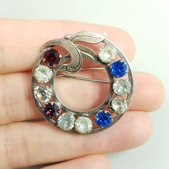 Vintage Sterling Silver Rhinestone Circle Wreath Brooch, Blue Red, Signed - Picture 8 of 8